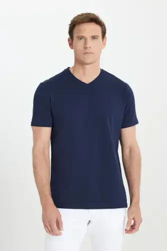 Erkek %100 Pamuk V Yaka Lacivert Slim Fit Dar Kesim Tişört-Lacivert - 1