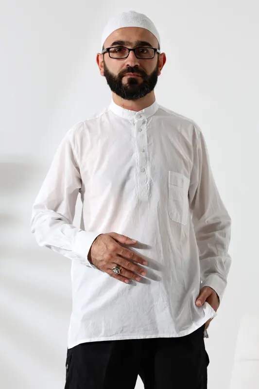 Erkek %100 Pamuk Vual Rahat Kesim Hakim Yaka Yarım Pat Beyaz Hac Umre Gömlek - Beyaz - 1