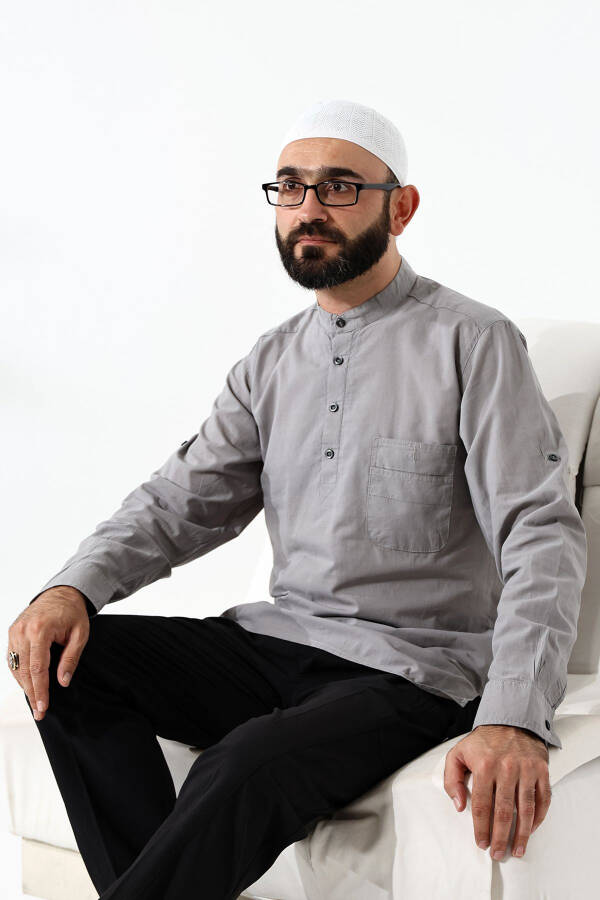 Erkek %100 Pamuk Vual Rahat Kesim Hakim Yaka Yarım Pat Gri Hac Umre Gömlek - Gri - 5