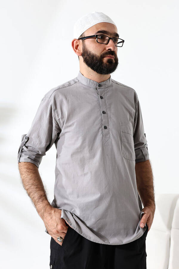 Erkek %100 Pamuk Vual Rahat Kesim Hakim Yaka Yarım Pat Gri Hac Umre Gömlek - Gri - 7