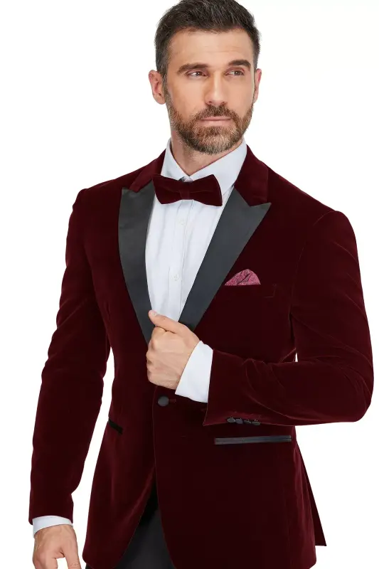 Men's 2-Piece Velvet Peak Lapel Slim-Fit Tuxedo - Burgundy - 1