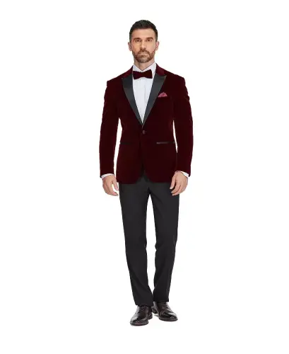 Men's 2-Piece Velvet Peak Lapel Slim-Fit Tuxedo - Burgundy 