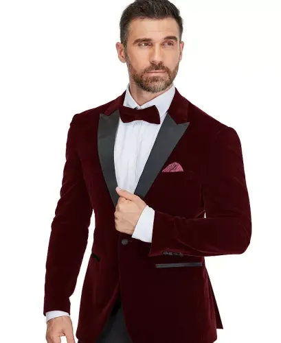 Men's 2-Piece Velvet Peak Lapel Slim-Fit Tuxedo - Burgundy - GINO VITALE (1)