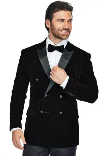 Men's 2 Piece Double Breasted Velvet Birdseye Lapel Slim Fit Tuxedo - Black - 2