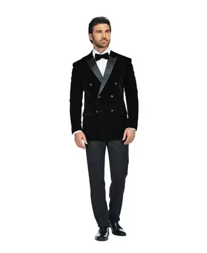 Men's 2 Piece Double Breasted Velvet Birdseye Lapel Slim Fit Tuxedo - Black - 4