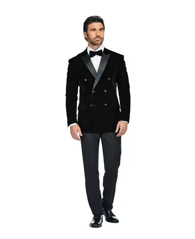 Men's 2 Piece Double Breasted Velvet Birdseye Lapel Slim Fit Tuxedo - Black - 4