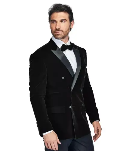 Men's 2 Piece Double Breasted Velvet Birdseye Lapel Slim Fit Tuxedo - Black - 7