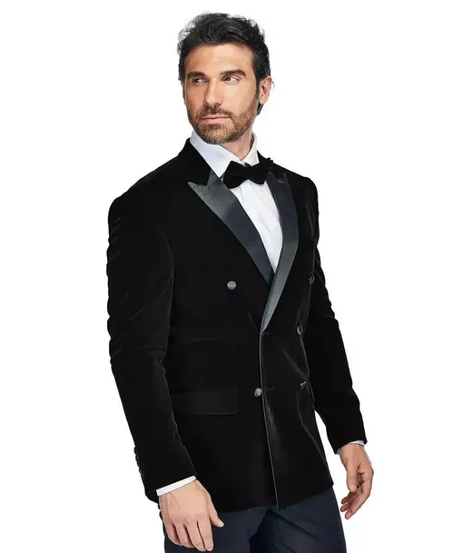 Men's 2 Piece Double Breasted Velvet Birdseye Lapel Slim Fit Tuxedo - Black - 7