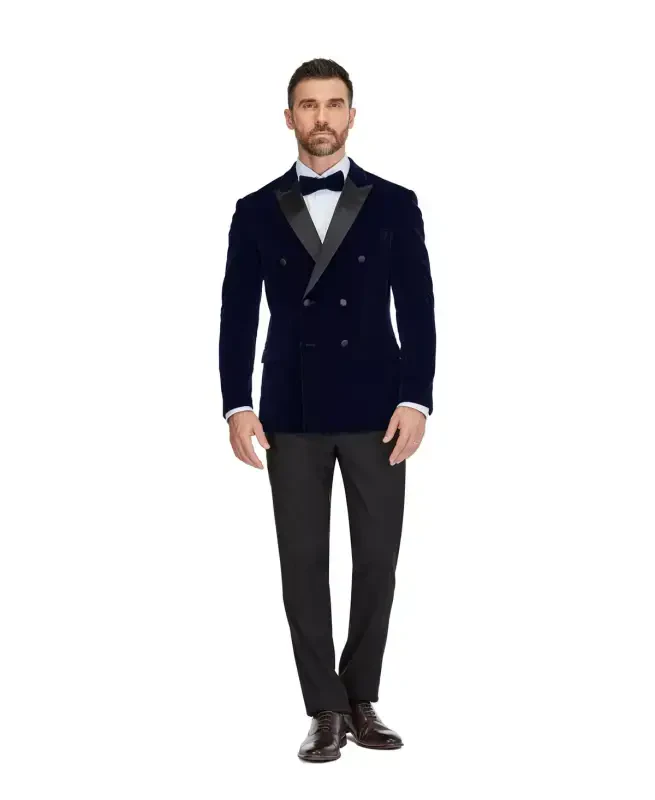 Men's 2 Piece Double Breasted Velvet Birdseye Lapel Slim Fit Tuxedo-Midnight blue - GINO VITALE