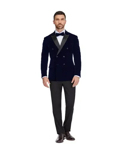 Men's 2 Piece Double Breasted Velvet Birdseye Lapel Slim Fit Tuxedo - Midnight blue 