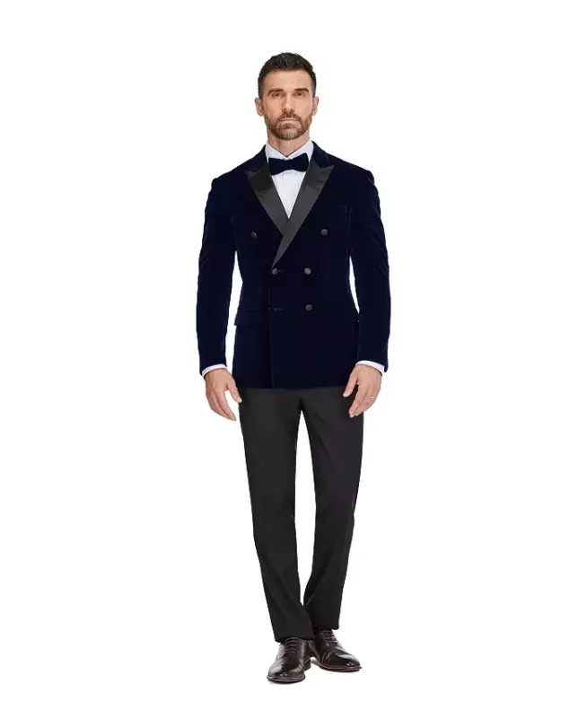 Men's 2 Piece Double Breasted Velvet Birdseye Lapel Slim Fit Tuxedo - Midnight blue - GINO VITALE
