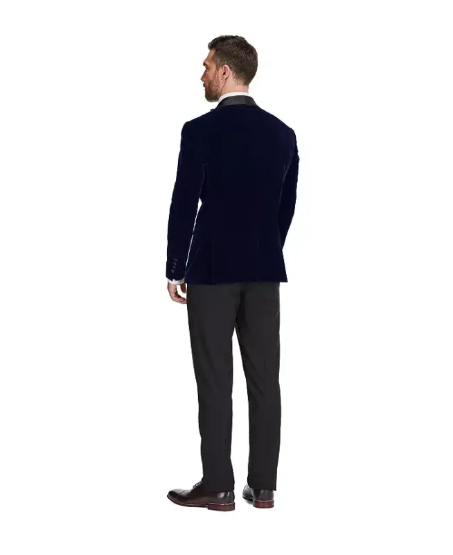 Men's 2 Piece Double Breasted Velvet Birdseye Lapel Slim Fit Tuxedo - Midnight blue - 2