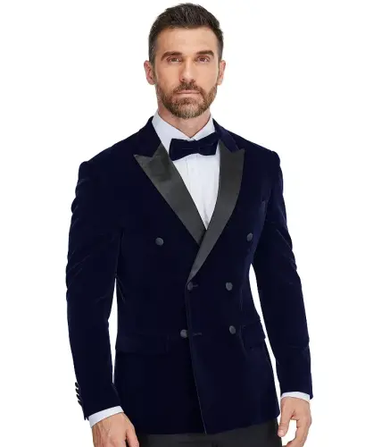 Men's 2 Piece Double Breasted Velvet Birdseye Lapel Slim Fit Tuxedo - Midnight blue - 3