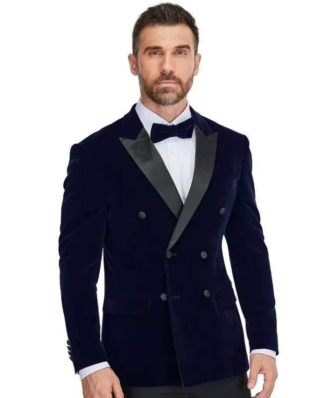 Men's 2 Piece Double Breasted Velvet Birdseye Lapel Slim Fit Tuxedo - Midnight blue - 3