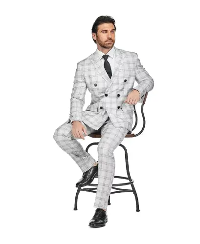 Erkek 2 Parça Slim Fit Gri Ekose Kruvaze Takım Elbise - GINO VITALE (1)