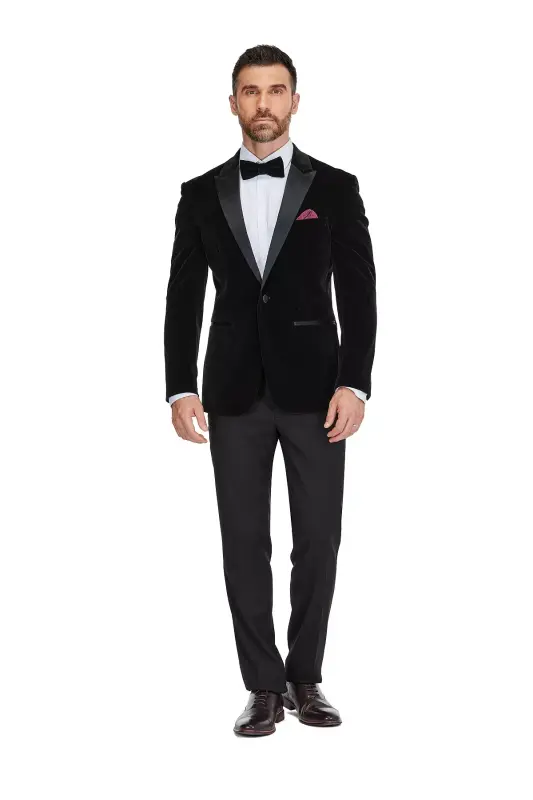 Men's 2-Piece Velvet Birdseye Lapel Slim-Fit Tuxedo - Black - GINO VITALE