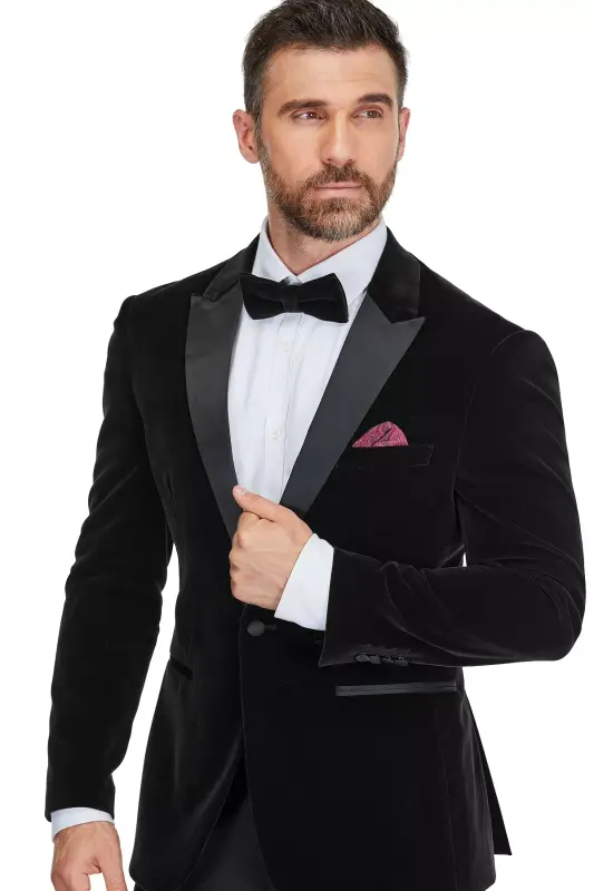 Men's 2-Piece Velvet Birdseye Lapel Slim-Fit Tuxedo - Black - 2