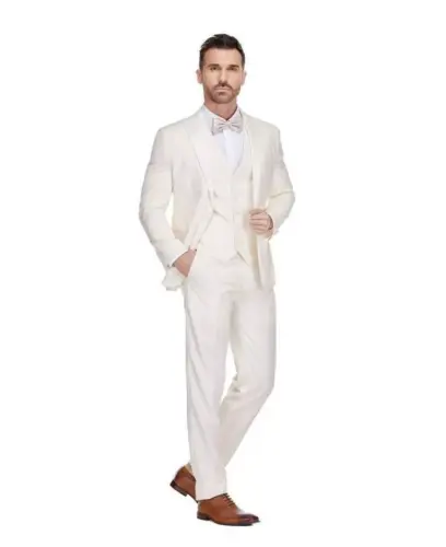 Men's 3-Piece Slim Fit Tuxedo with Peak Lapel - Ivory - 3