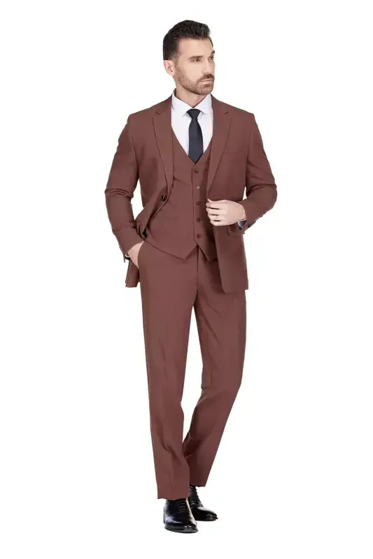 Men's 3-Piece Classic Fit Performance Stretch Suit-Brown - BRAVEMAN
