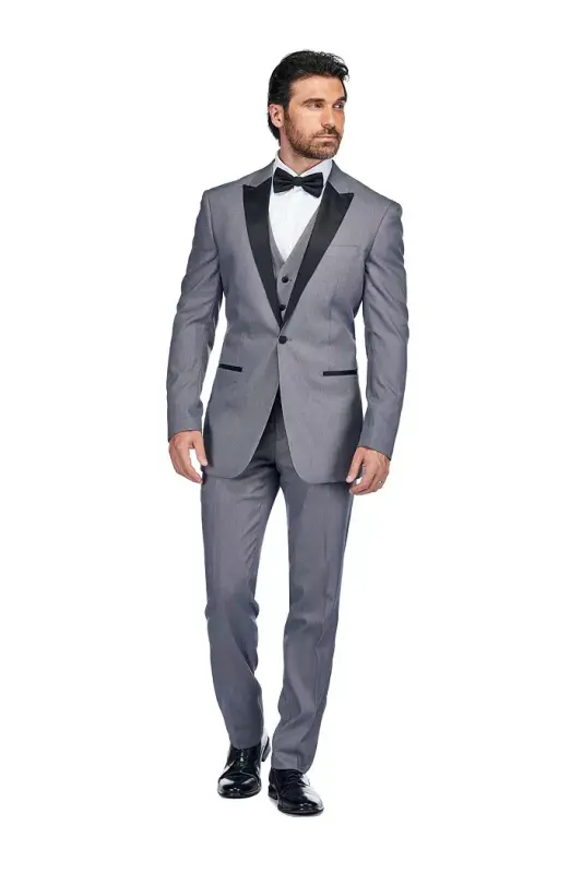 Men's 3 Piece Birdseye Peak Lapel Tuxedo Set - Blue grey - 1