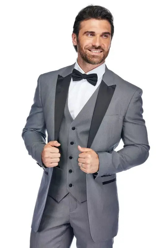 Men's 3 Piece Birdseye Peak Lapel Tuxedo Set - Blue grey - 2
