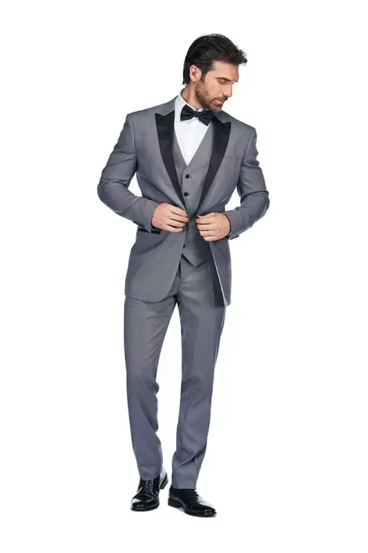 Men's 3 Piece Birdseye Peak Lapel Tuxedo Set - Blue grey - 3