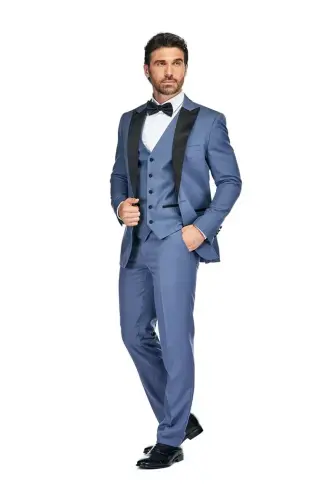 Men's 3 Piece Birdseye Peak Lapel Tuxedo Set - Slate blue - 5