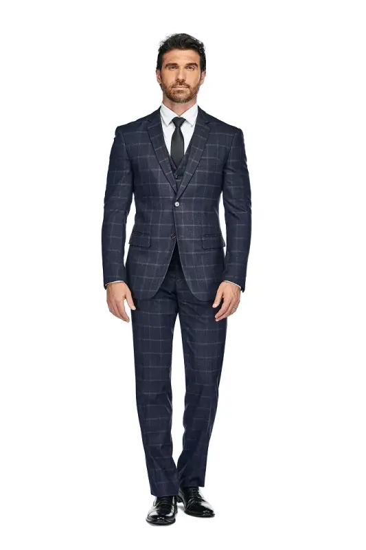 Men's 3-Piece Windowpane Plaid Slim Fit Suit - 1