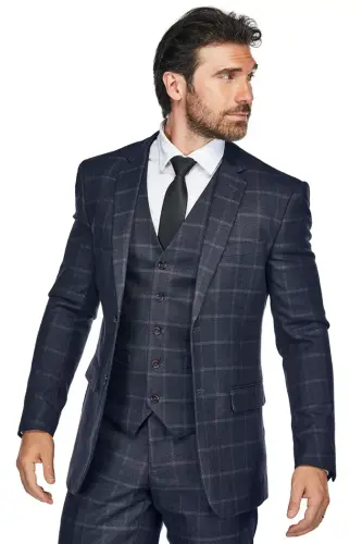 Men's 3-Piece Windowpane Plaid Slim Fit Suit - 2