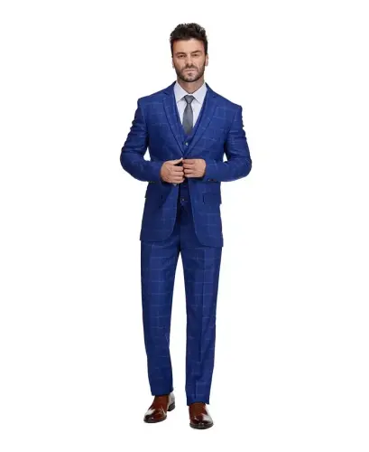 Men's 3-Piece Windowpane Plaid Slim Fit Suit - 4