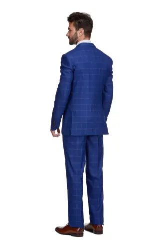 Men's 3-Piece Windowpane Plaid Slim Fit Suit - Indigo 
