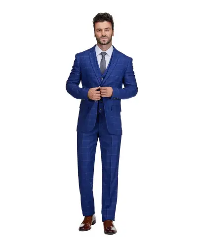 Men's 3-Piece Windowpane Plaid Slim Fit Suit - Indigo - GINO VITALE (1)