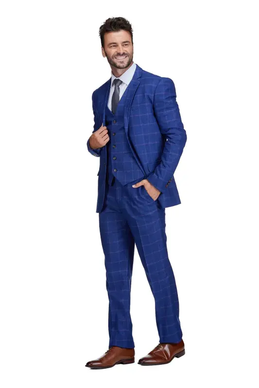 Men's 3-Piece Windowpane Plaid Slim Fit Suit - Indigo - 3