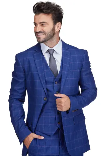 Men's 3-Piece Windowpane Plaid Slim Fit Suit - Indigo - 4