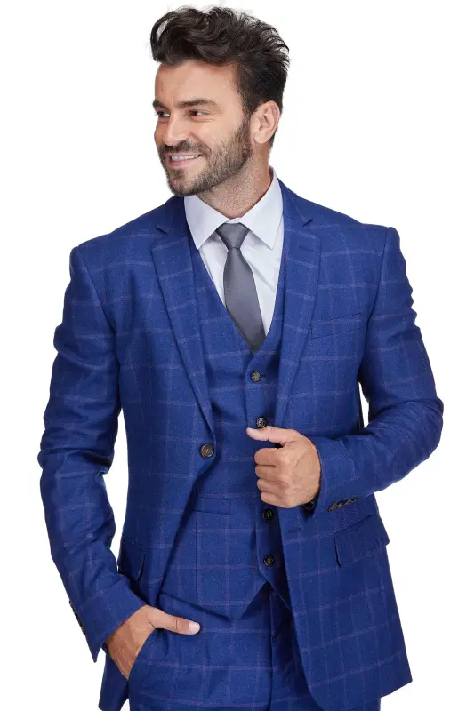 Men's 3-Piece Windowpane Plaid Slim Fit Suit - Indigo - 4