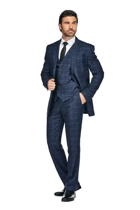 Men's 3-Piece Windowpane Plaid Slim Fit Suit - Ink blue - GINO VITALE