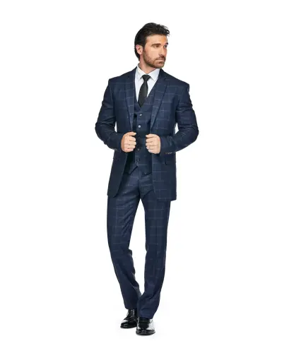 Men's 3-Piece Windowpane Plaid Slim Fit Suit - Ink blue - 5