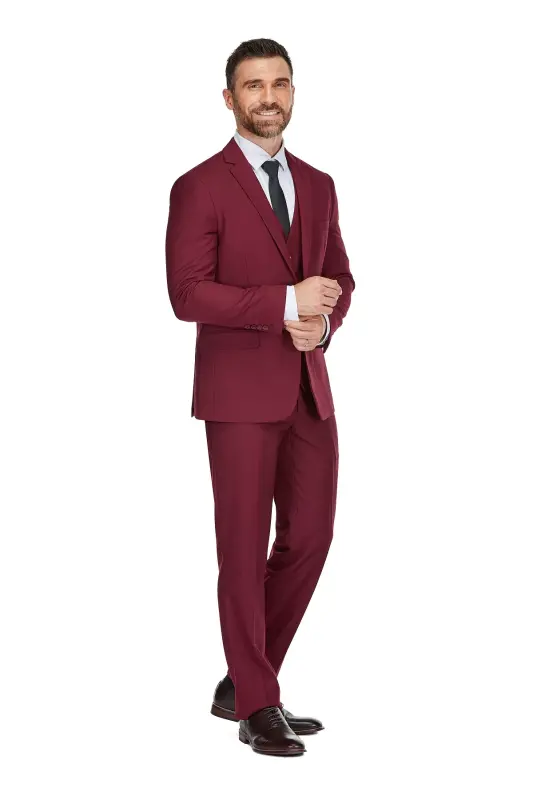 Men's 3-Piece Premium Vested 3-Piece Slim Fit Suit - Burgundy - 1