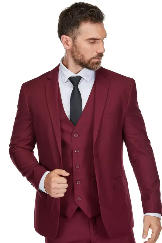 Men's 3-Piece Premium Vested 3-Piece Slim Fit Suit - Burgundy - 2