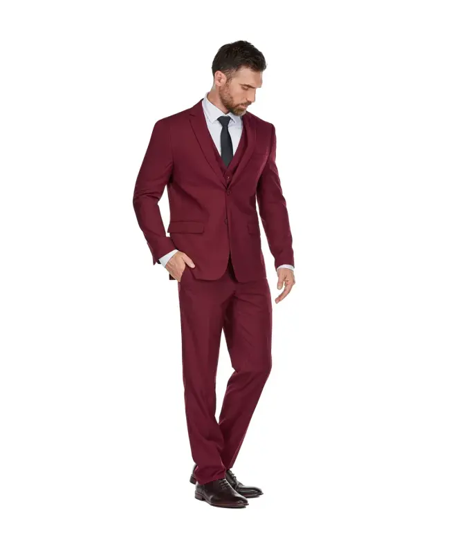 Men's 3-Piece Premium Vested 3-Piece Slim Fit Suit - Burgundy - 4