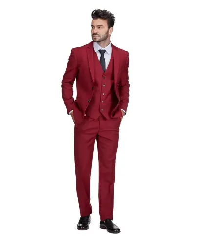 Men's 3-Piece Premium Vested 3-Piece Slim Fit Suit - Red - 3