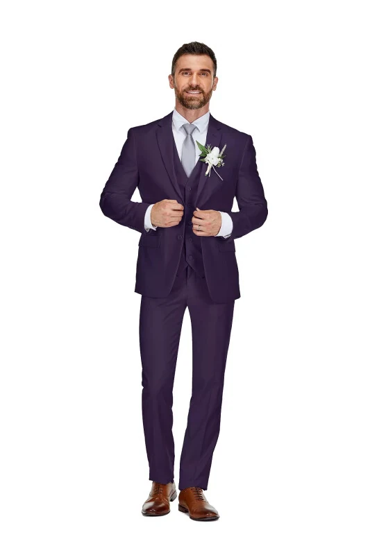 Men's 3-Piece Premium Vested 3-Piece Slim Fit Suit-Plum - BRAVEMAN