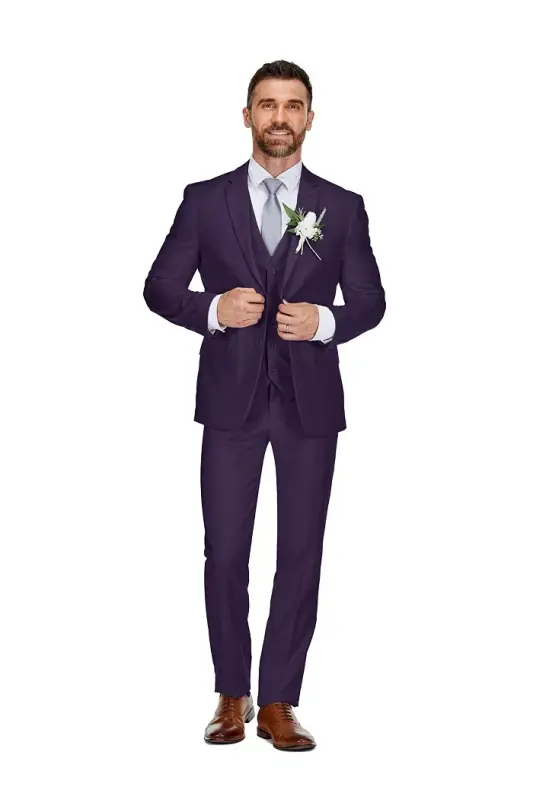 Men's 3-Piece Premium Vested 3-Piece Slim Fit Suit - Plum - 1