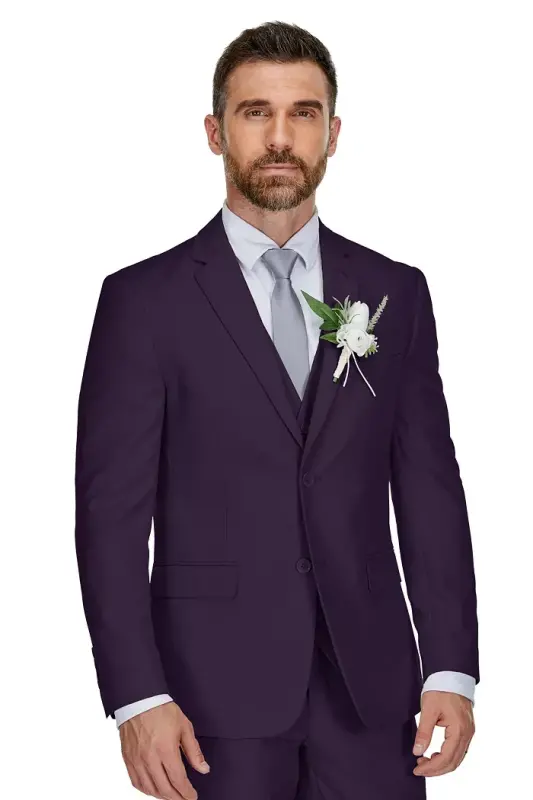 Men's 3-Piece Premium Vested 3-Piece Slim Fit Suit - Plum - 2