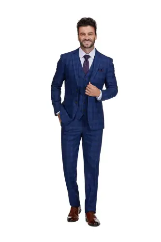 Men's 3-Piece Slim Fit Check Suit - Blue - 1