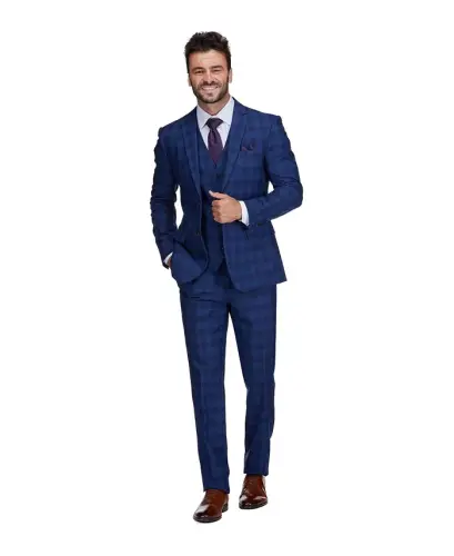 Men's 3-Piece Slim Fit Check Suit - Blue - 3