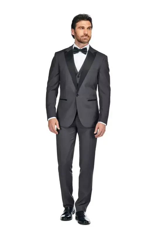 Men's 3-Piece Slim Fit Tuxedo with Peak Lapel-Charcoal - GINO VITALE