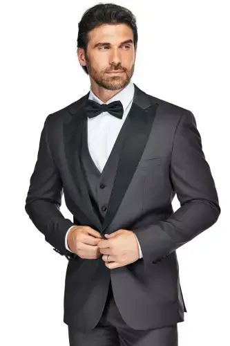 Men's 3-Piece Slim Fit Tuxedo with Peak Lapel-Charcoal - GINO VITALE (1)