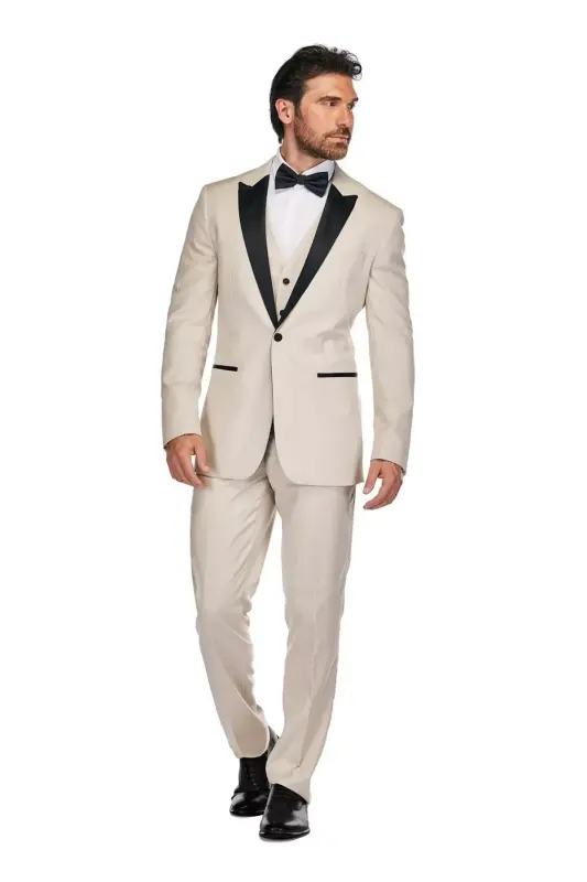 Men's 3-Piece Slim Fit Tuxedo with Peak Lapel - Light beige - 1