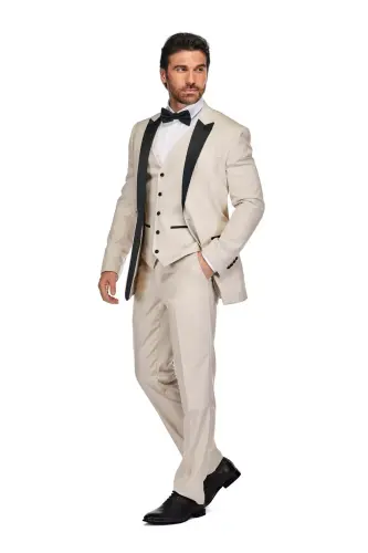 Men's 3-Piece Slim Fit Tuxedo with Peak Lapel - Light beige - GINO VITALE (1)